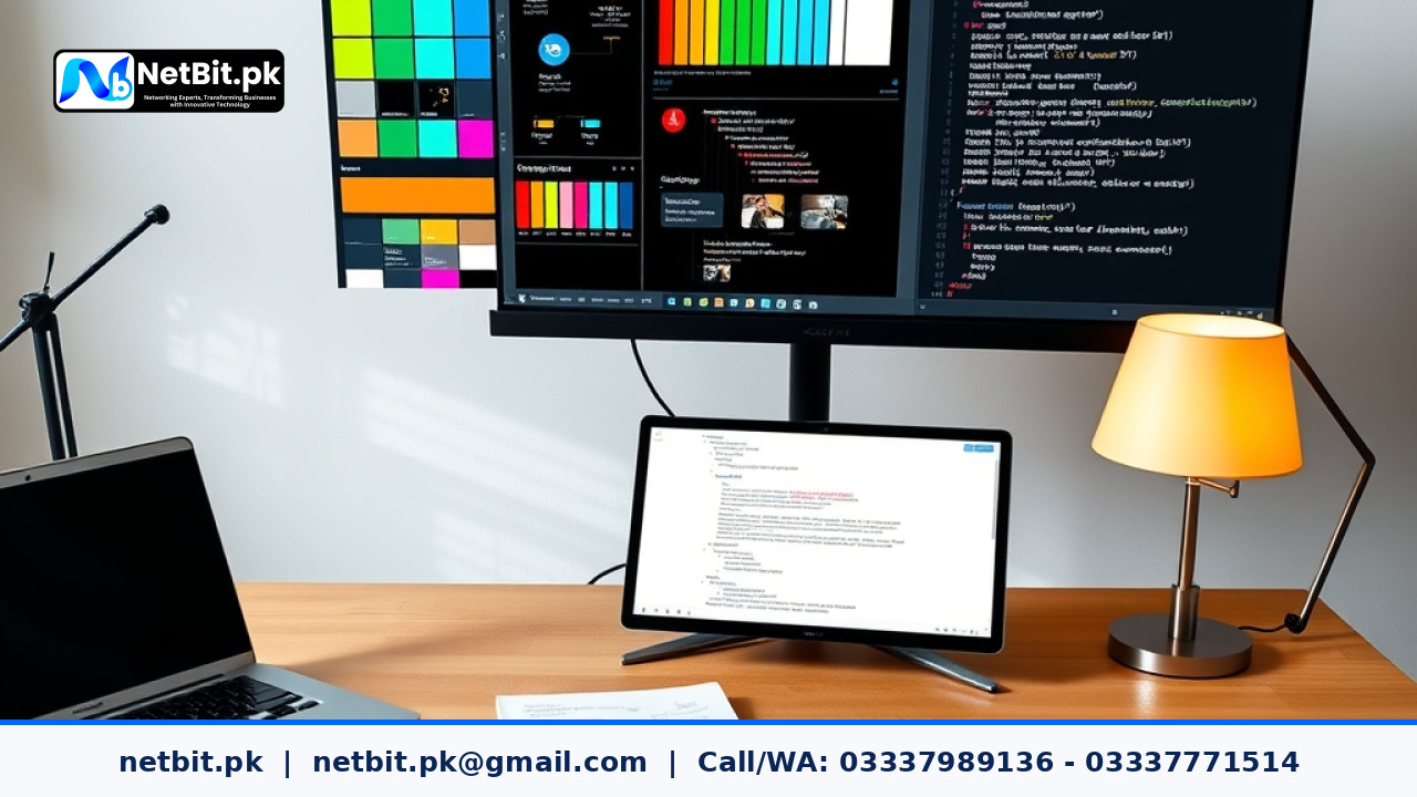 A modern web designer workspace with dual monitors displaying design system tokens and front-end interface components