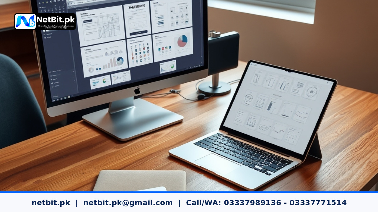 A modern web designer desk with an open laptop displaying user interface wireframes and design system components.