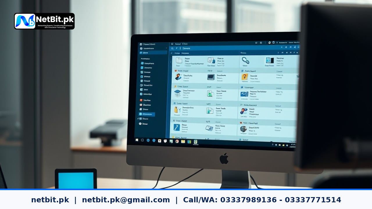 Clean office desk setup with computers and digital document management software displayed on screen