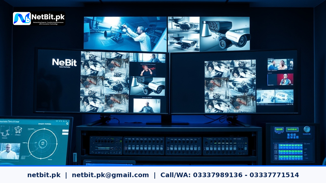 Close-up of professional security camera lens and digital surveillance interface screens displaying video feeds