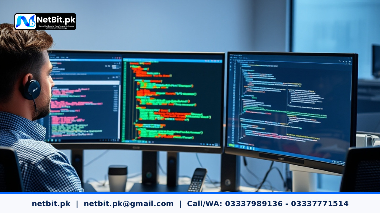 A web developer analyzing code and server status responses on a dual monitor workstation in a modern office.