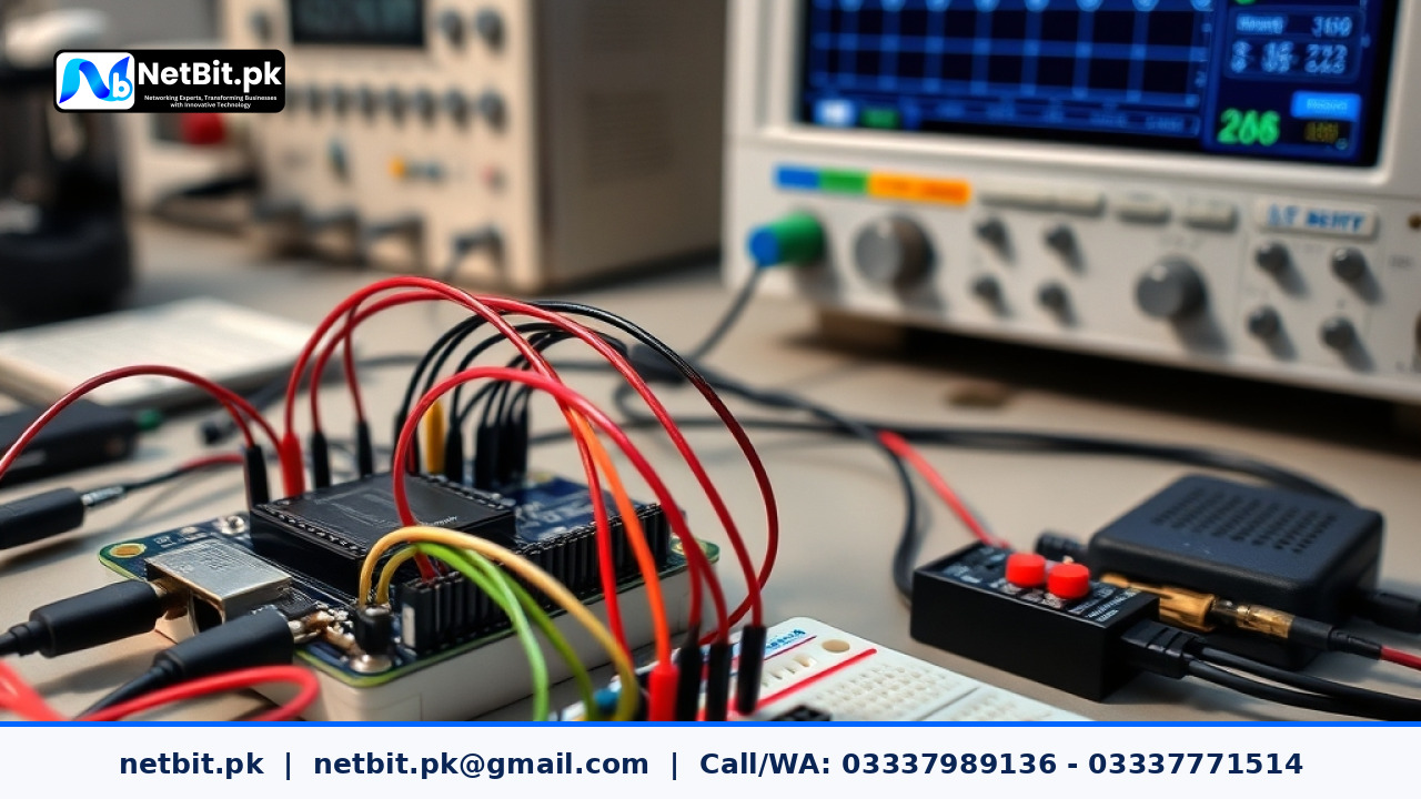 Microcontroller board connected to digital sensors and testing equipment on an electronics engineering workbench