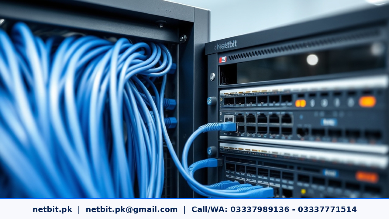 Clean and organized server room rack with structured ethernet cables and network switches in a modern office
