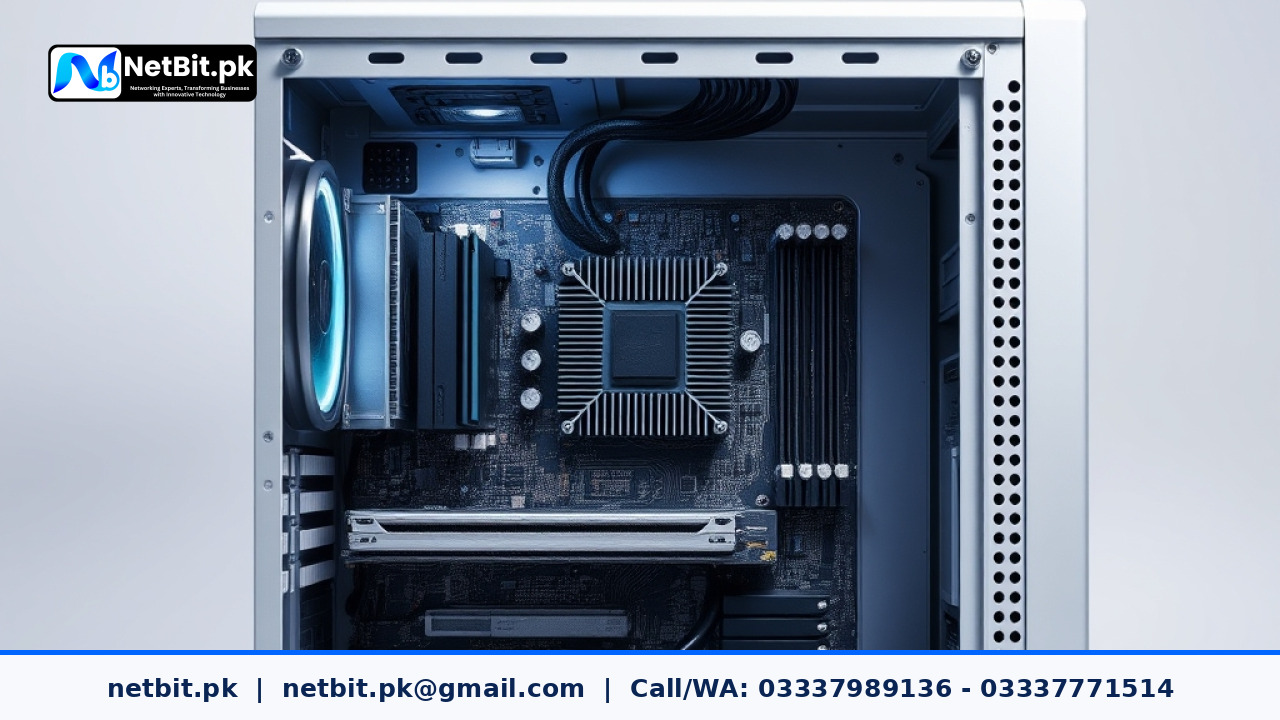 Close-up view of a modern computer motherboard showing chipset heatsink and circuit traces