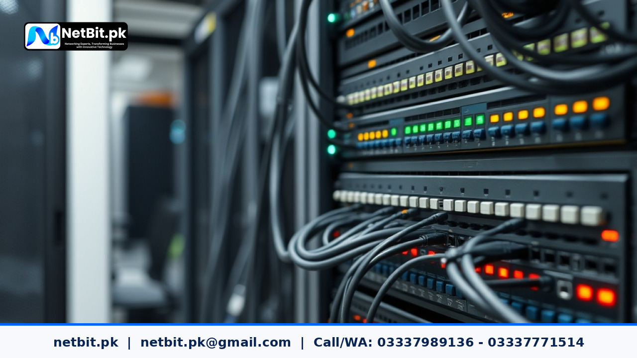 Server room rack with multiple network cables connected to active switches in a modern technology office