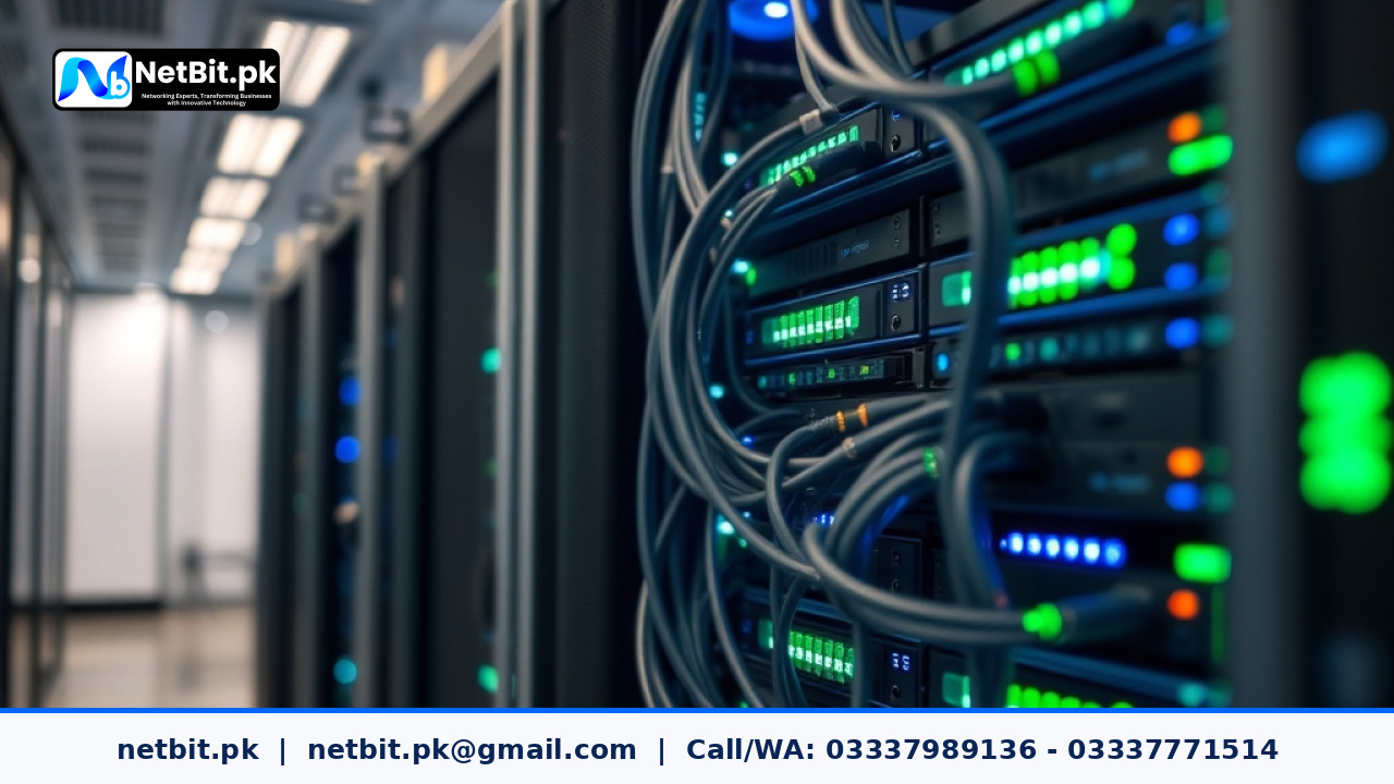 A modern server rack in a clean data center environment showing networking lights and structured cabling