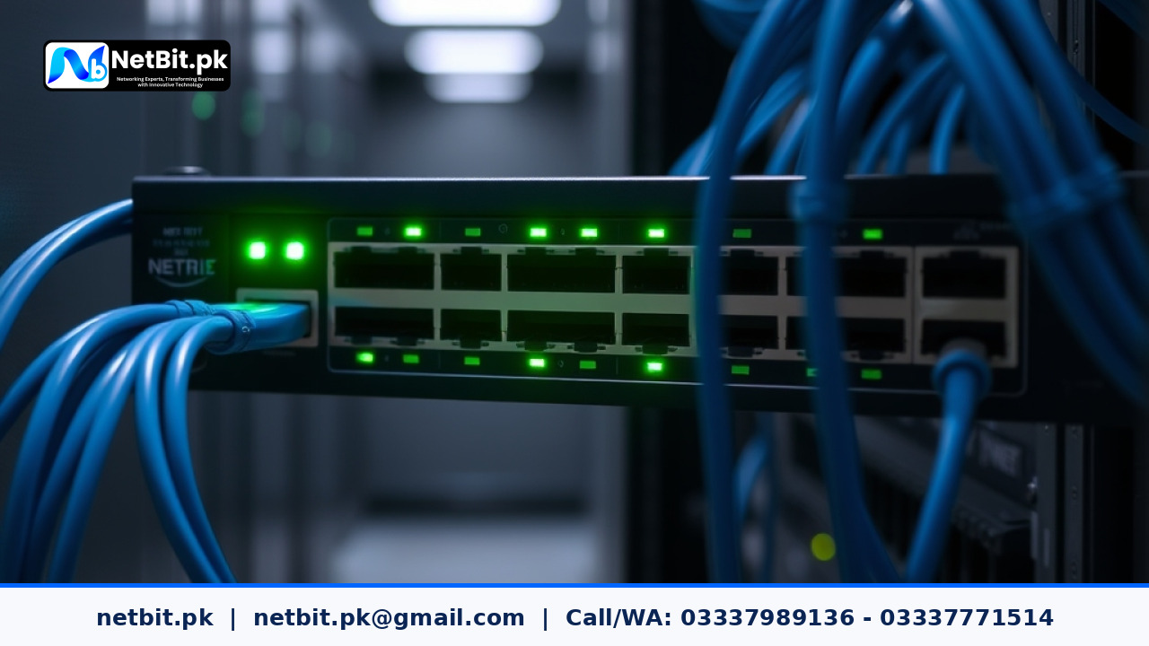 A professional network switch with neatly organized blue ethernet cables plugged in, showing green status lights in a quiet office server room.