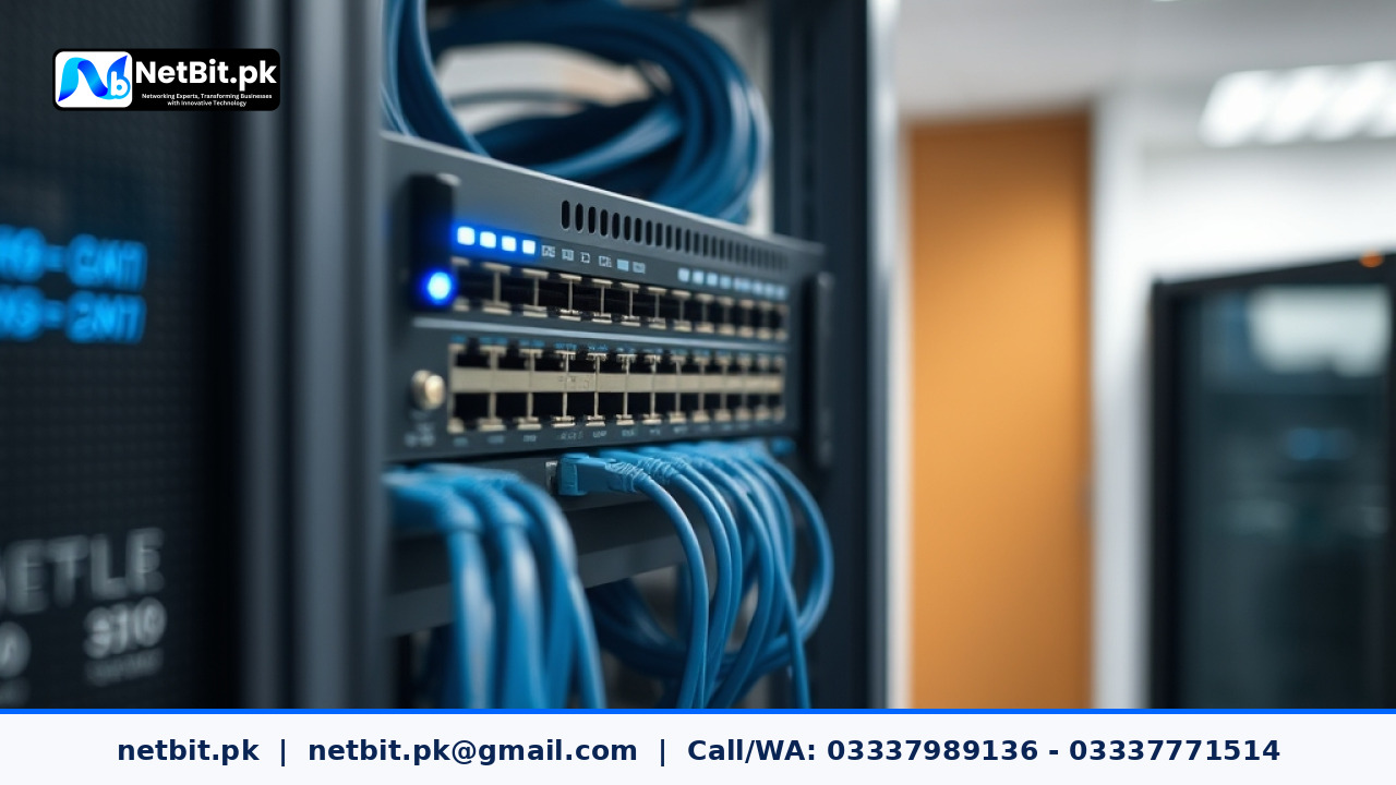 Clean server rack with managed network switches and organized cables in a modern office IT infrastructure environment