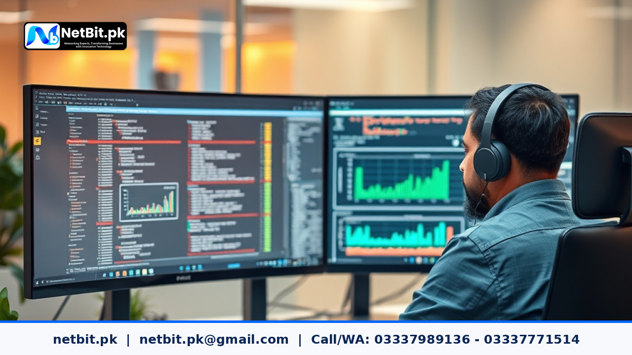 A professional software developer working on backend software architecture and server traffic metrics in a modern office.