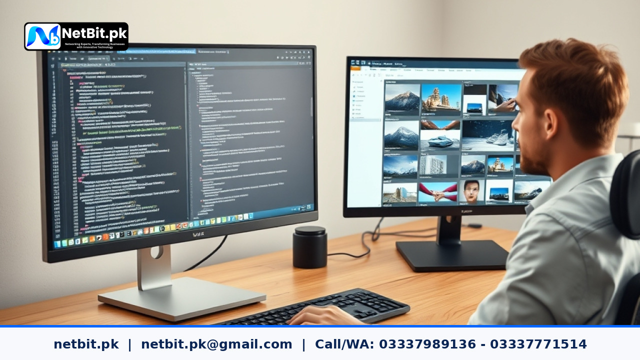 A web developer examining responsive image code and device screen previews on dual monitors in a modern office.
