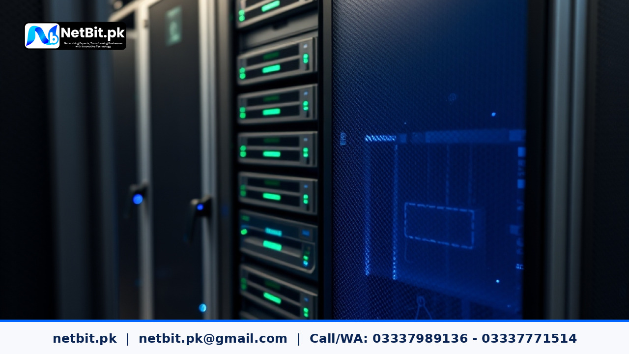 A professional server rack cabinet in a clean business server room showing virtualized server status indicators