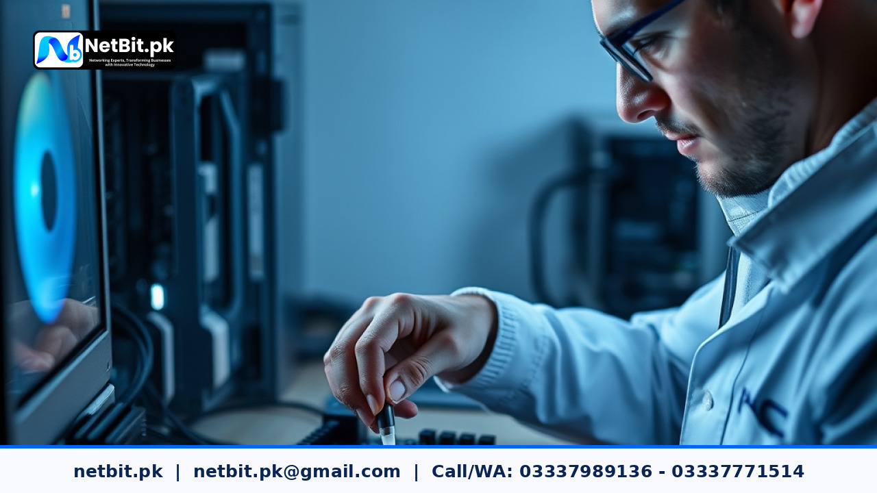 Close-up view of a computer technician applying fresh thermal paste onto a processor chip inside a modern office workstation motherboard.