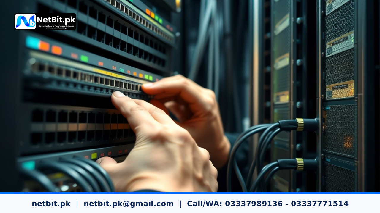 Professional technician testing network speed and cable performance in an office