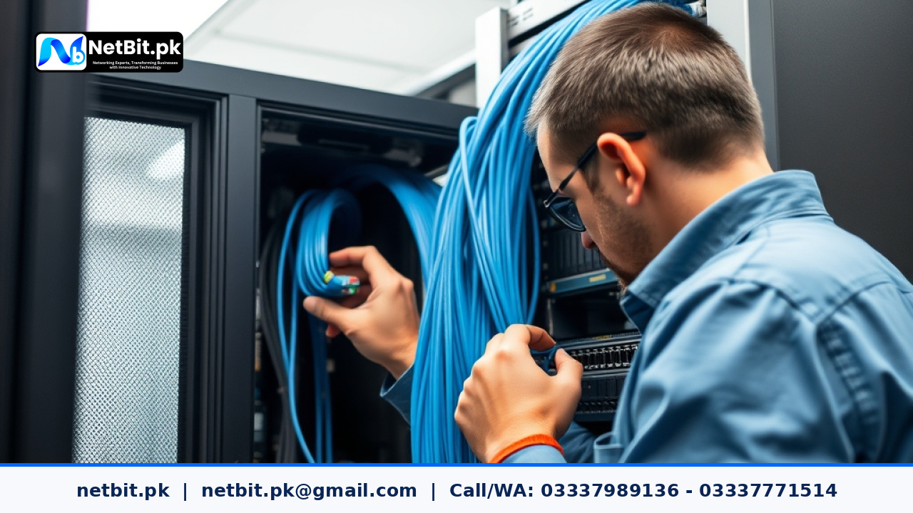 NetBit technical engineer connecting Cat6 ethernet cables and fiber patch cords into a professional network switch inside a clean server rack