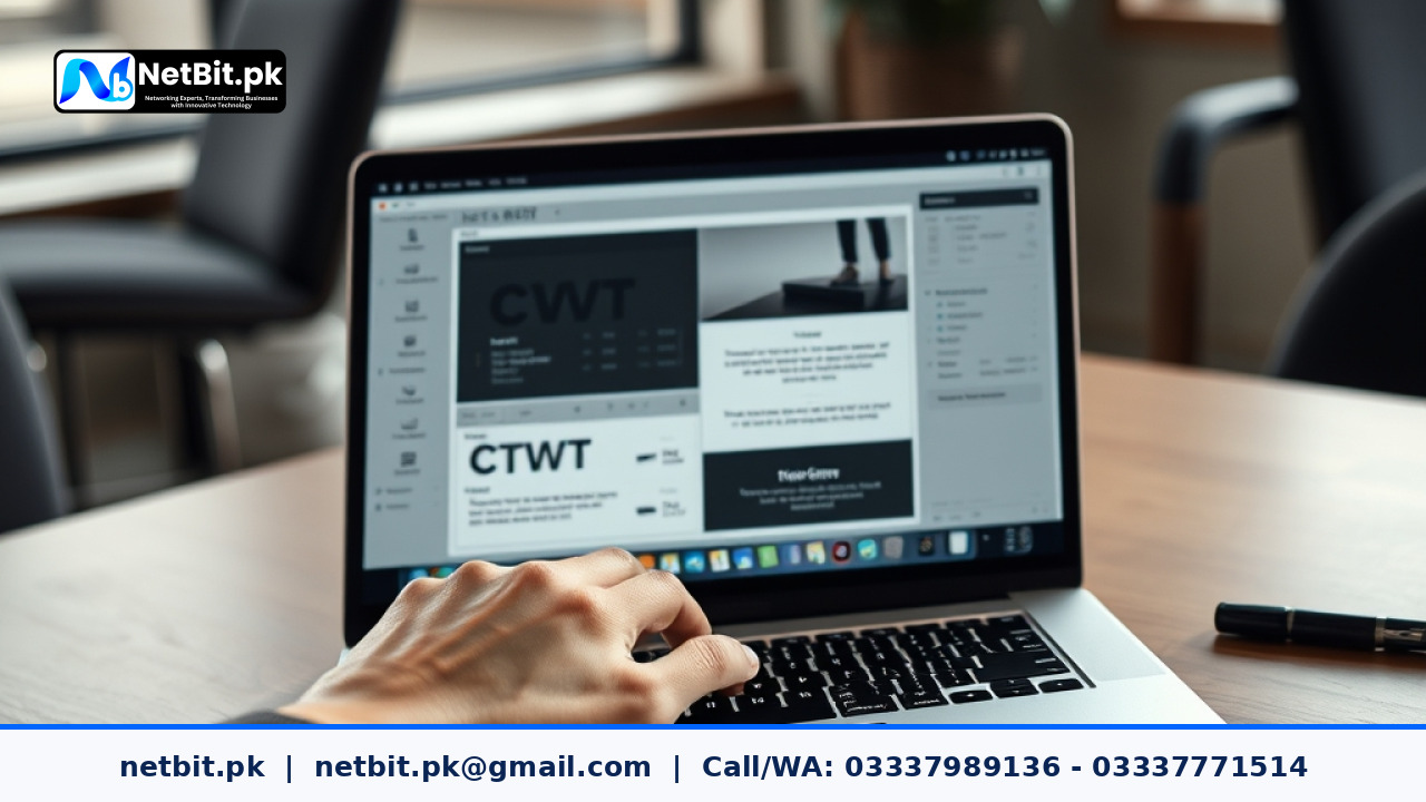 Web designer tuning typography variables on a modern laptop screen in a brightly lit office studio