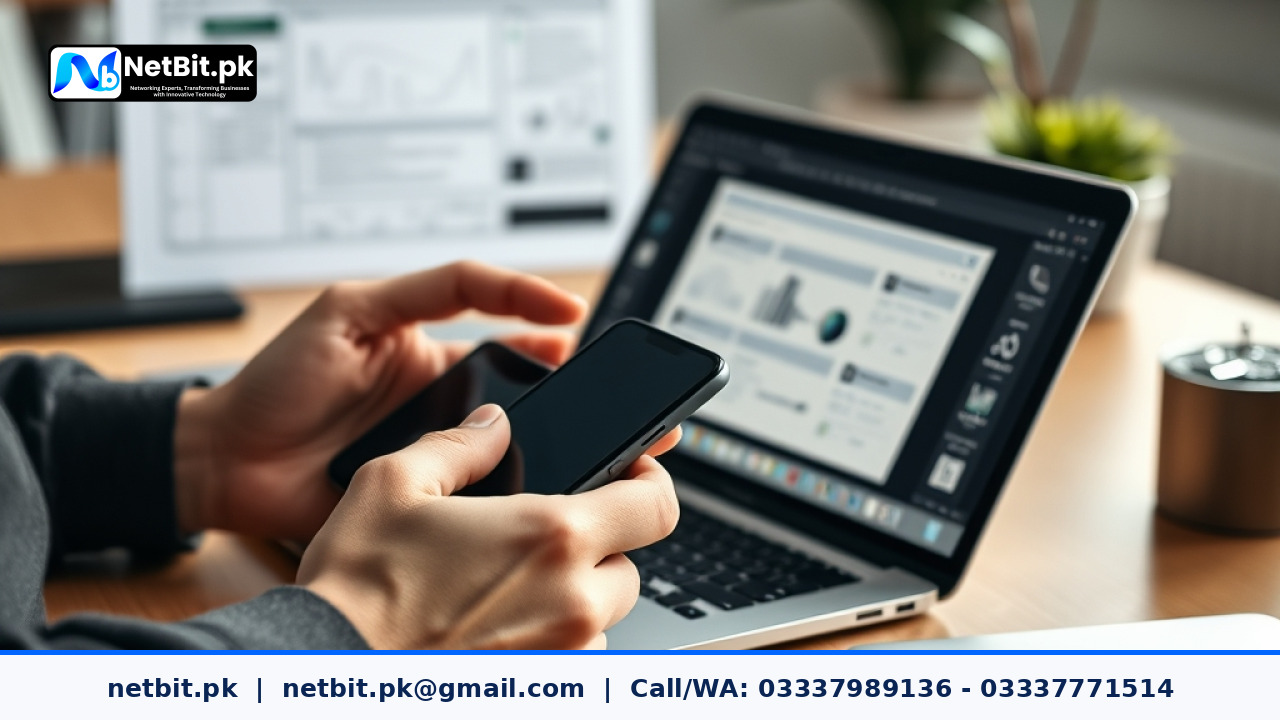 Close-up of a designer testing responsive web interfaces and touch targets on an aluminum laptop and smartphone screen | NetBit Software House and Technology | netbit.pk