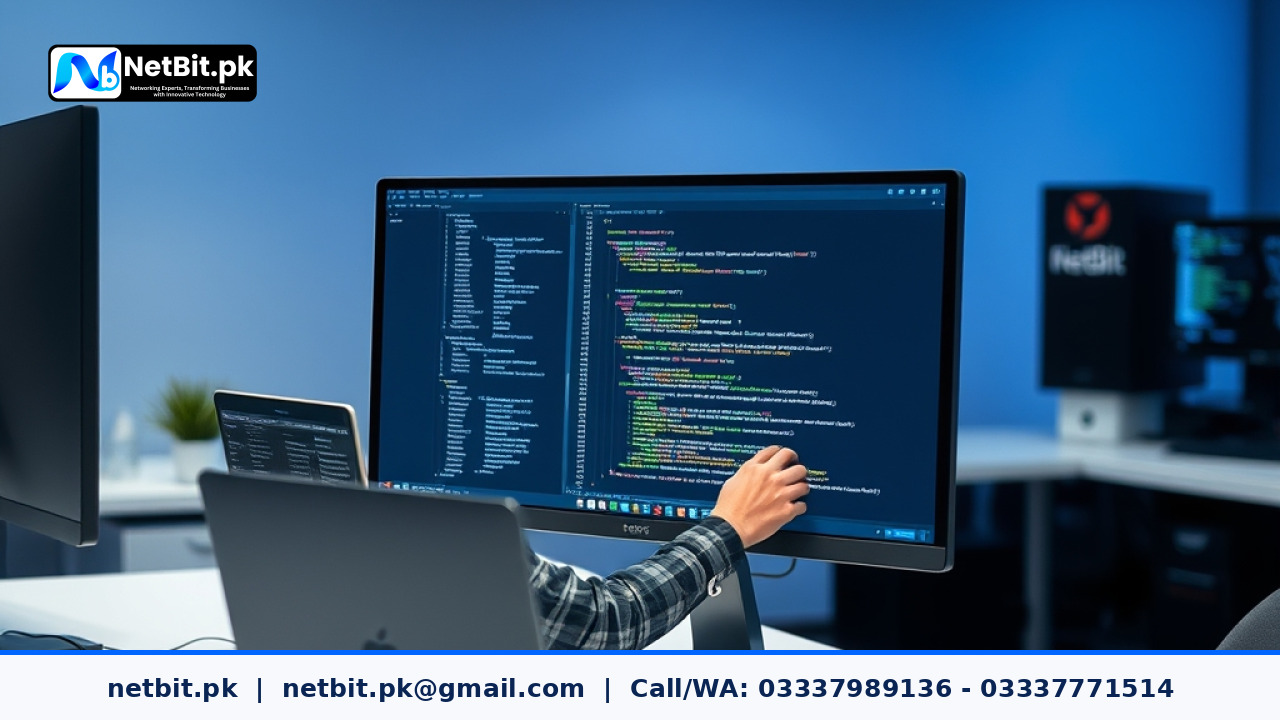Web developers working on modern web applications and automated image optimization pipelines on dual monitors