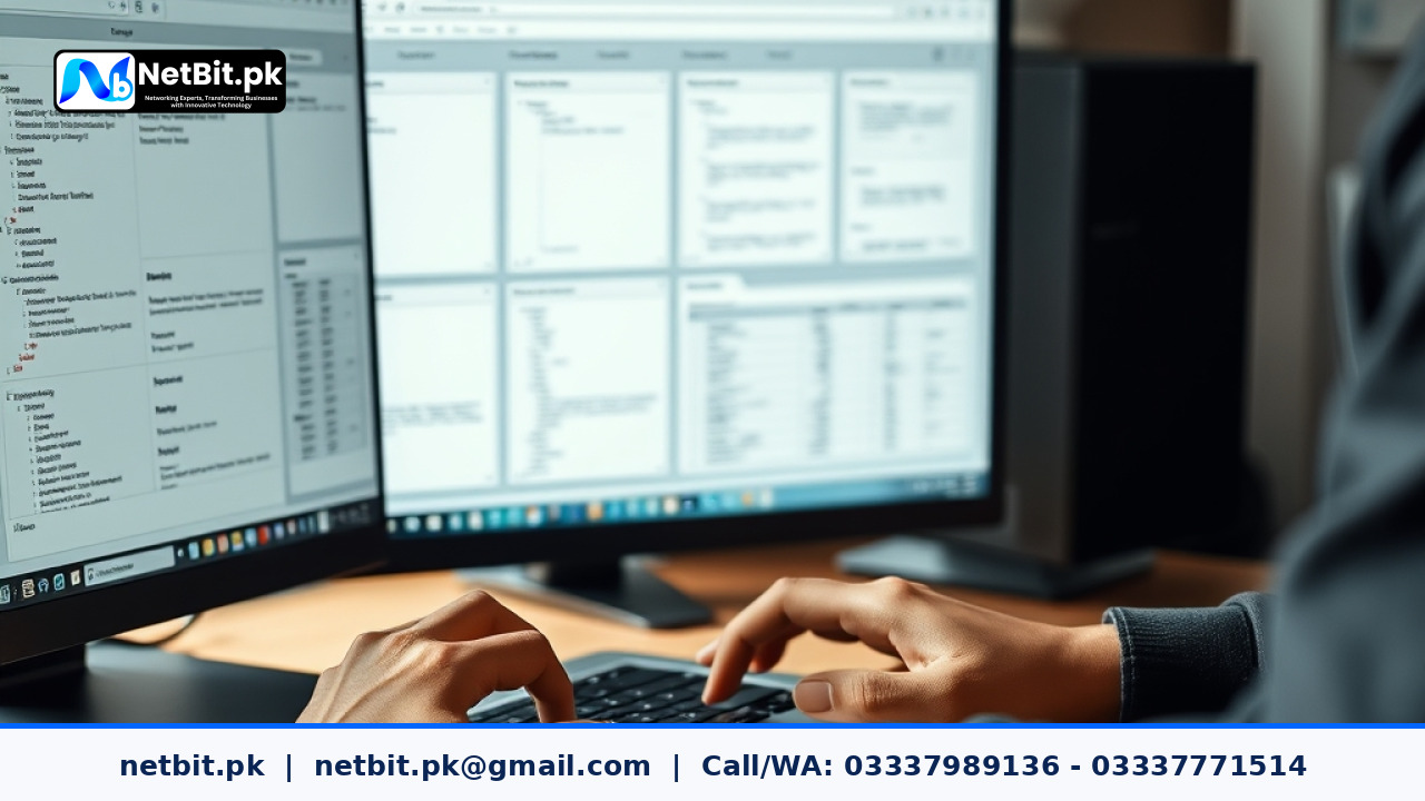 Web developer working on a laptop keyboard at a modern workstation with a second display showing user interface layout wireframes