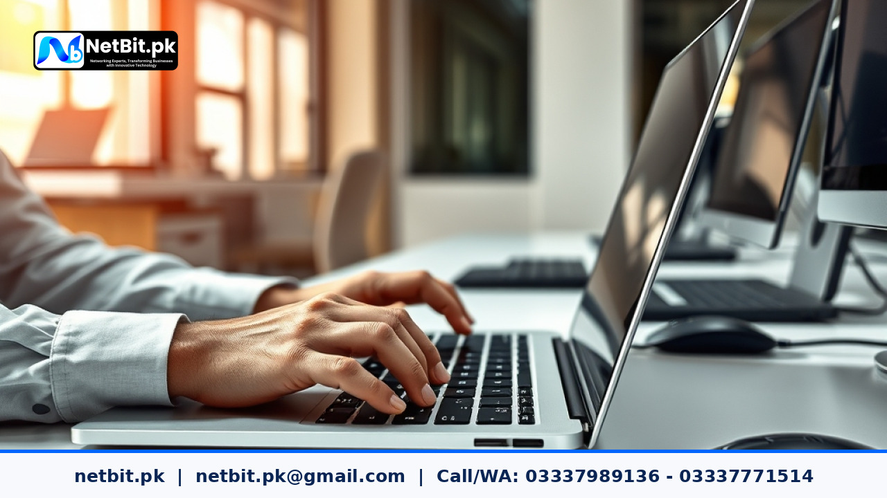Professional web developer writing clean code on dual monitor setup in a modern office