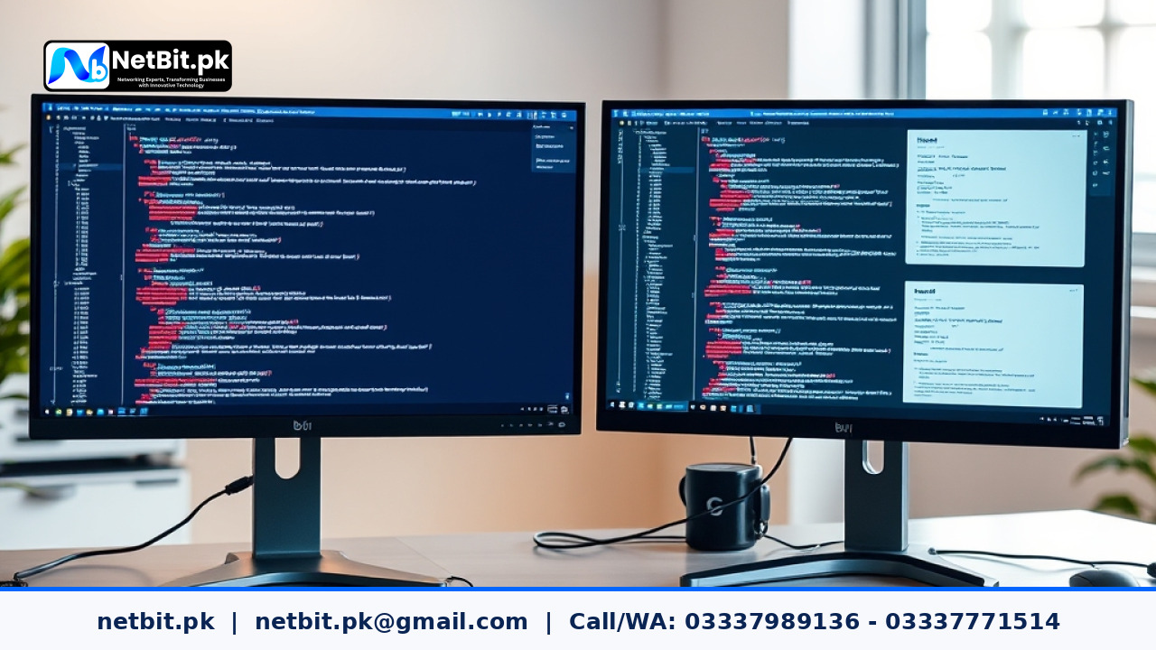 Developer working on responsive web design style sheets on a dual monitor workstation
