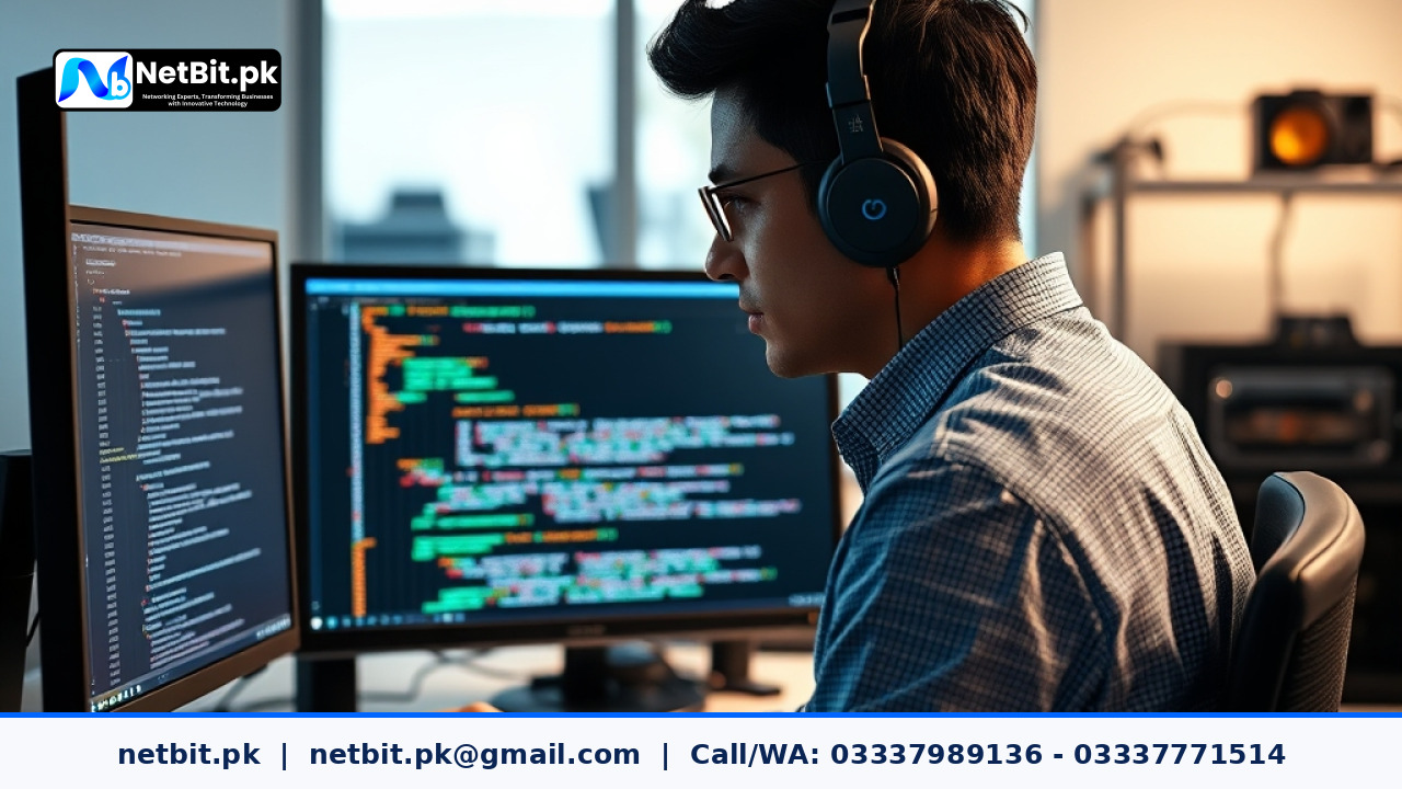 A developer reviewing CSS code on a dual monitor workstation in a clean modern office.