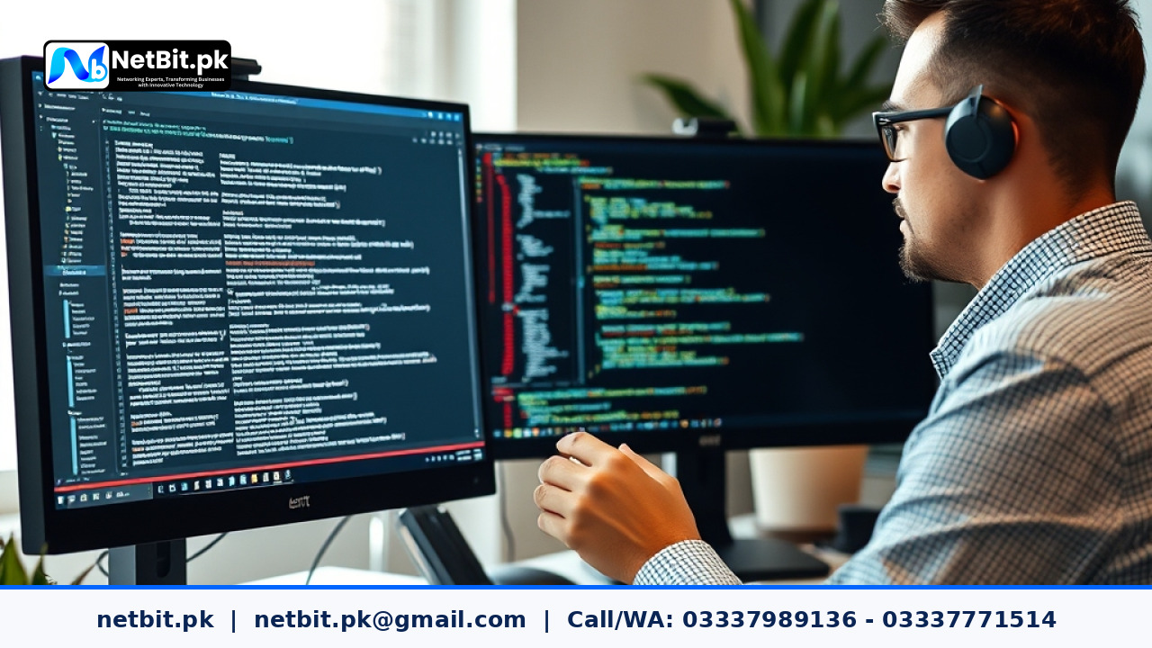 Web developer working on computer code in a clean modern office environment