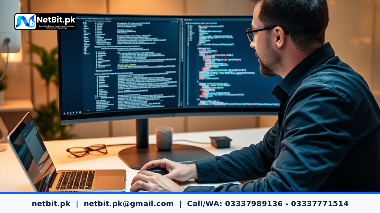 Web developer inspecting security code and session cookie configuration on a modern monitor screen.