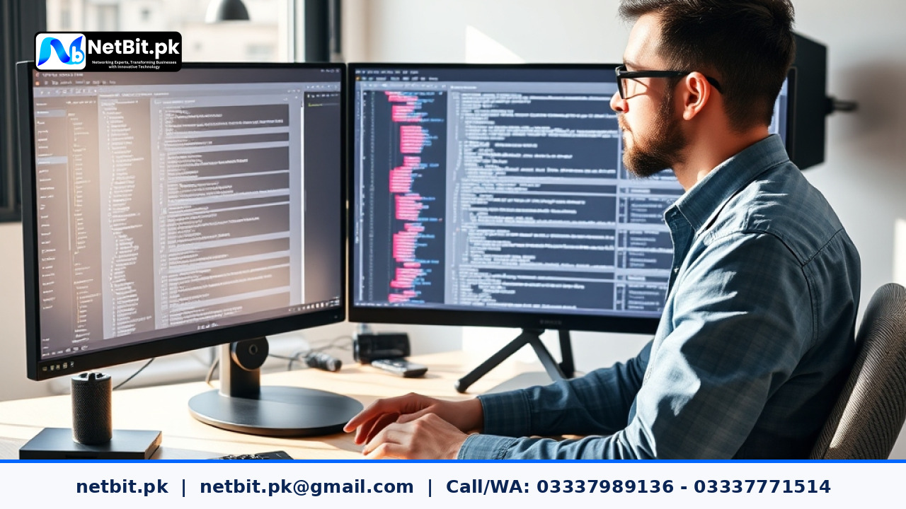 Web developer auditing and updating JavaScript dependencies on dual monitors in a modern office setup.