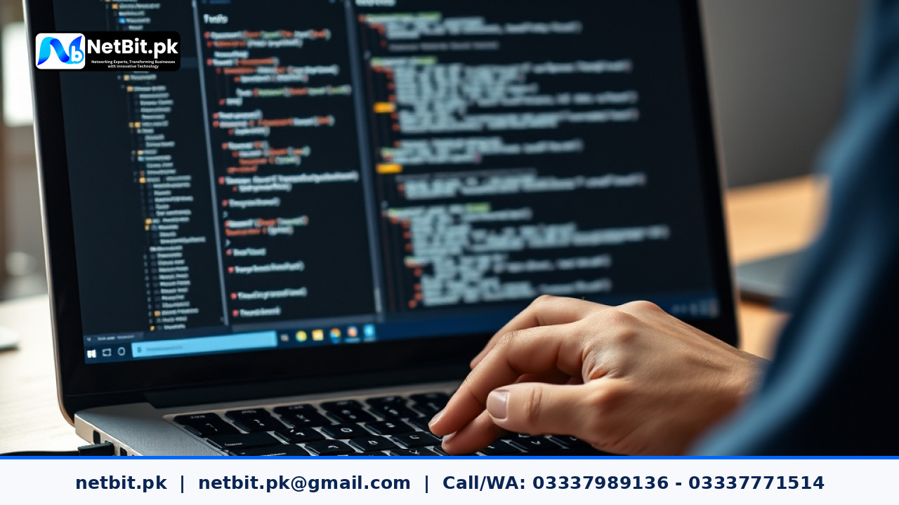Developer working on modular web application code on a laptop screen in a modern office setup | NetBit Software House and Technology | netbit.pk