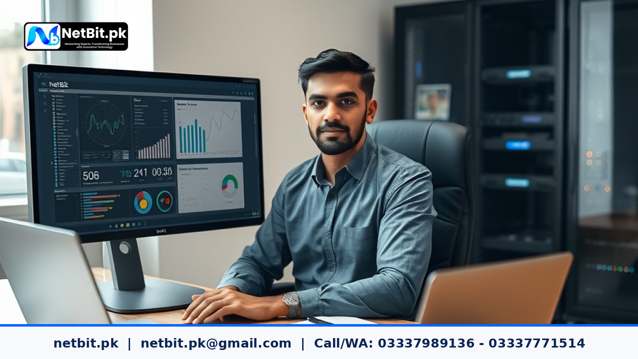A professional IT support engineer working on a dual-monitor setup reviewing system maintenance logs and server performance metrics